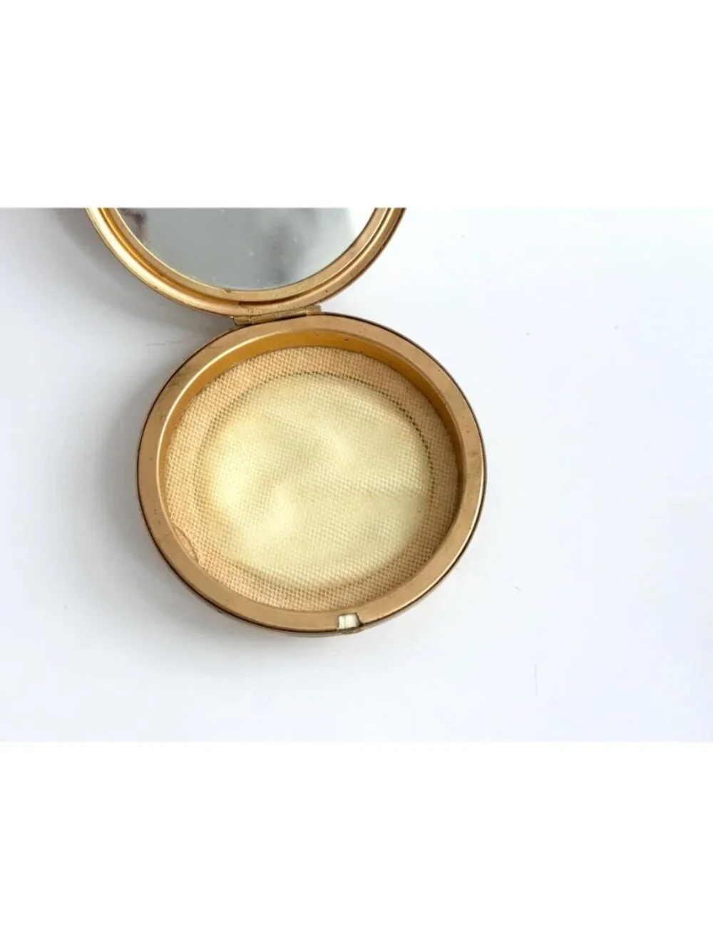 Rare Elgin American Powder Gold Toned STELLA Enamel & Mesh Hinged Mirror Compact